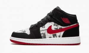 Nike Air Jordan 1 MID SE (GS) 'Newspaper' Schoenen Kinderen Zwart Rood Wit Nederland | 712039-UVM