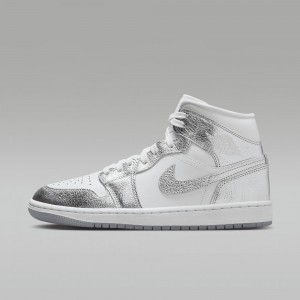 Nike Air Jordan 1 MID SE Schoenen Dames Wit Grijs Metal Zilver Nederland | 643012-VKW