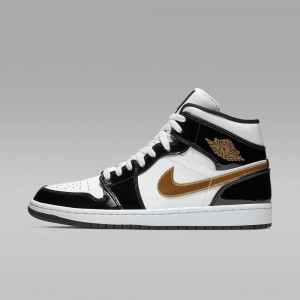 Nike Air Jordan 1 MID SE Schoenen Dames Zwart Wit Goud Nederland | 236758-AWD