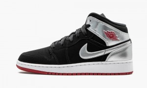 Nike Air Jordan 1 Mid (GS) Schoenen Kinderen Zwart Rood Metal Zilver Nederland | 153072-FWK