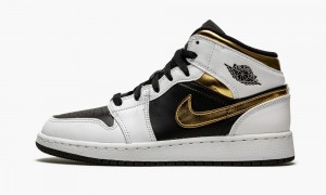 Nike Air Jordan 1 Mid GS 'White / Gold / Black' Schoenen Kinderen Wit Zwart Nederland | 896507-CZX