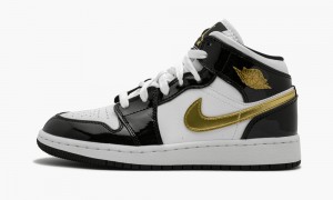Nike Air Jordan 1 Mid SE (GS) 'Black Gold Lak Leren' Schoenen Kinderen Zwart Metal Goud Wit Nederland | 358147-RMZ