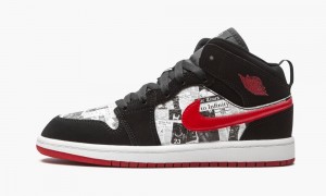 Nike Air Jordan 1 Mid SE (PS) 'Newspaper Air Times' Schoenen Kinderen Zwart Rood Wit Nederland | 672394-WYV