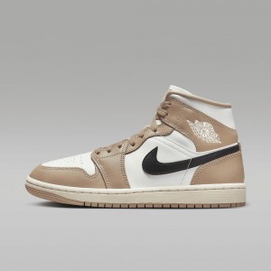 Nike Air Jordan 1 Mid Schoenen Dames Khaki Zwart Wit Nederland | 728415-LIX