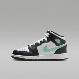 Nike Air Jordan 1 Mid Schoenen Kinderen Zwart Wit Groen Nederland | 657801-YUF