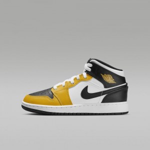 Nike Air Jordan 1 Mid Schoenen Kinderen Geel Zwart Wit Nederland | 368791-FZJ