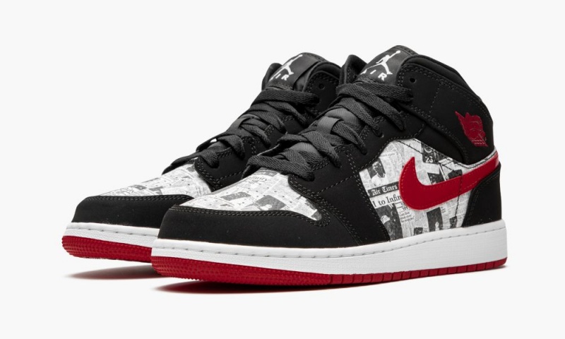Nike Air Jordan 1 MID SE (GS) 'Newspaper' Schoenen Kinderen Zwart Rood Wit Nederland | 712039-UVM