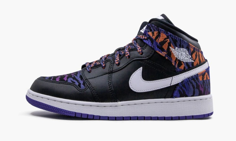 Nike Air Jordan 1 MID SE (GS) \'Tiger Print\' Schoenen Kinderen Zwart Wit Paars Nederland | 502748-WPV