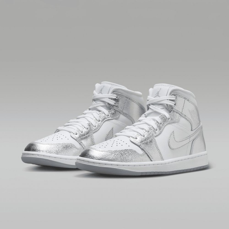 Nike Air Jordan 1 MID SE Schoenen Dames Wit Grijs Metal Zilver Nederland | 643012-VKW