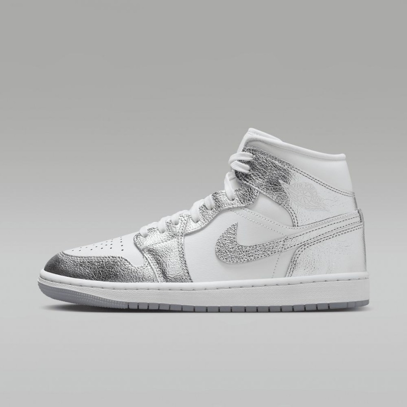 Nike Air Jordan 1 MID SE Schoenen Dames Wit Grijs Metal Zilver Nederland | 643012-VKW
