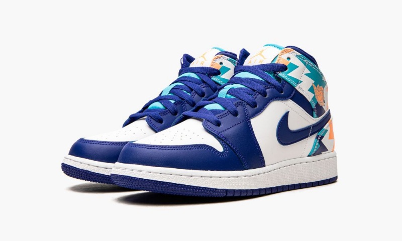Nike Air Jordan 1 Mid GS 'Geometric Print' Schoenen Kinderen Wit Blauw Nederland | 634071-VDS