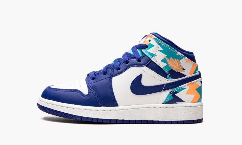 Nike Air Jordan 1 Mid GS \'Geometric Print\' Schoenen Kinderen Wit Blauw Nederland | 634071-VDS