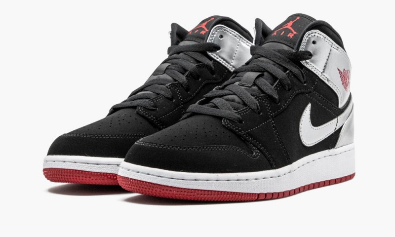 Nike Air Jordan 1 Mid (GS) Schoenen Kinderen Zwart Rood Metal Zilver Nederland | 153072-FWK