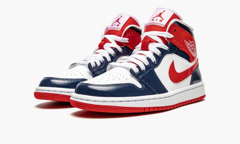 Nike Air Jordan 1 Mid 'Lak Leren Navy / White / Red' Schoenen Dames Donkerblauw Rood Wit Nederland | 260894-NBT