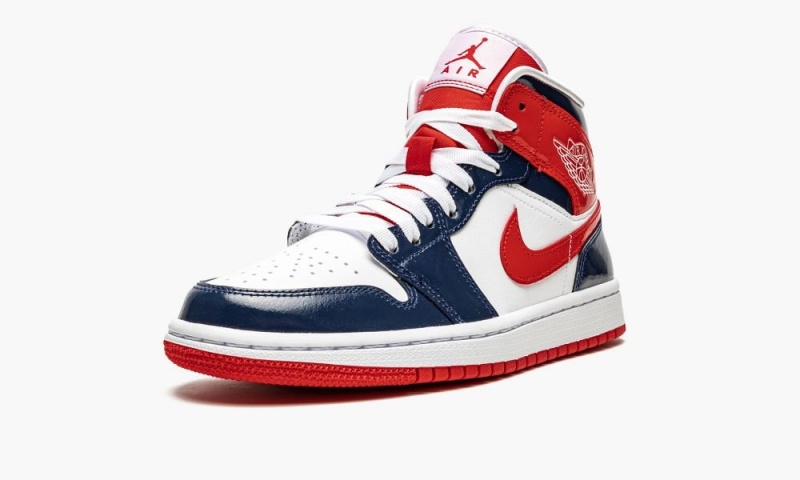 Nike Air Jordan 1 Mid 'Lak Leren Navy / White / Red' Schoenen Dames Donkerblauw Rood Wit Nederland | 260894-NBT
