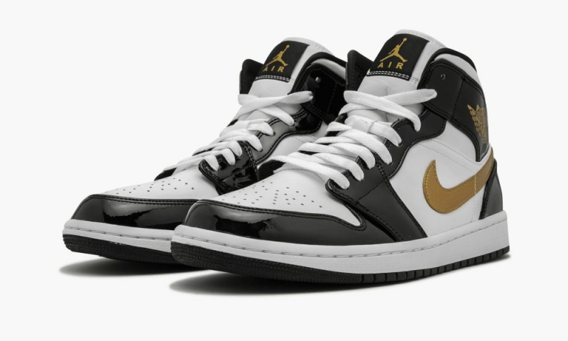 Nike Air Jordan 1 Mid SE 'Black Gold Lak Leren' Schoenen Heren Zwart Metal Goud Wit Nederland | 075386-WBE