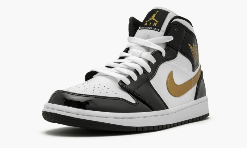 Nike Air Jordan 1 Mid SE 'Black Gold Lak Leren' Schoenen Heren Zwart Metal Goud Wit Nederland | 075386-WBE