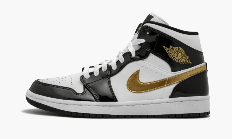 Nike Air Jordan 1 Mid SE \'Black Gold Lak Leren\' Schoenen Heren Zwart Metal Goud Wit Nederland | 075386-WBE