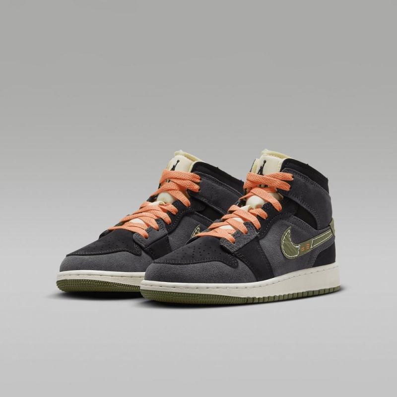 Nike Air Jordan 1 Mid SE Craft Schoenen Kinderen Donkergrijs Zwart Blauw Lichtolijfgroen Nederland | 240935-EQC