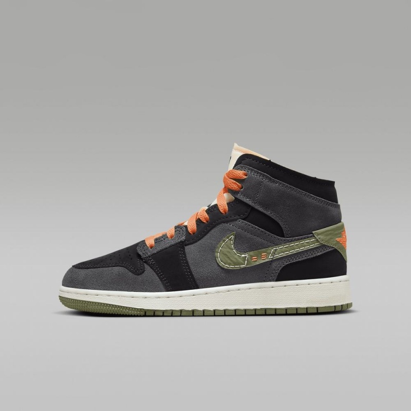 Nike Air Jordan 1 Mid SE Craft Schoenen Kinderen Donkergrijs Zwart Blauw Lichtolijfgroen Nederland | 240935-EQC