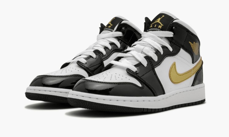 Nike Air Jordan 1 Mid SE (GS) 'Black Gold Lak Leren' Schoenen Kinderen Zwart Metal Goud Wit Nederland | 358147-RMZ