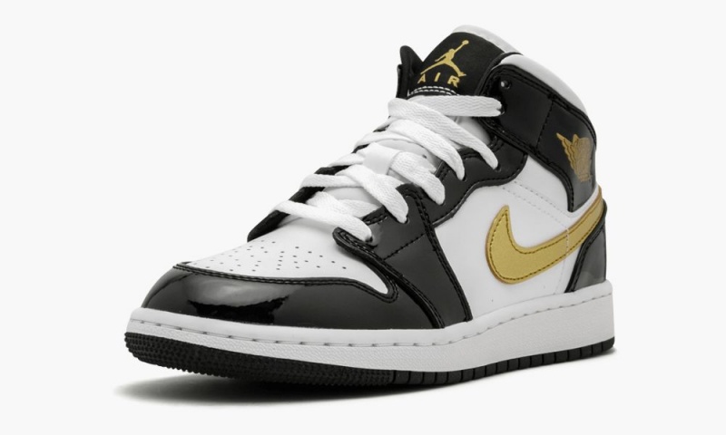 Nike Air Jordan 1 Mid SE (GS) 'Black Gold Lak Leren' Schoenen Kinderen Zwart Metal Goud Wit Nederland | 358147-RMZ