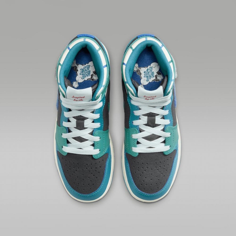 Nike Air Jordan 1 Mid Sneaker School Schoenen Kinderen Donkergrijs Turquoise Blauw Nederland | 895243-PGE